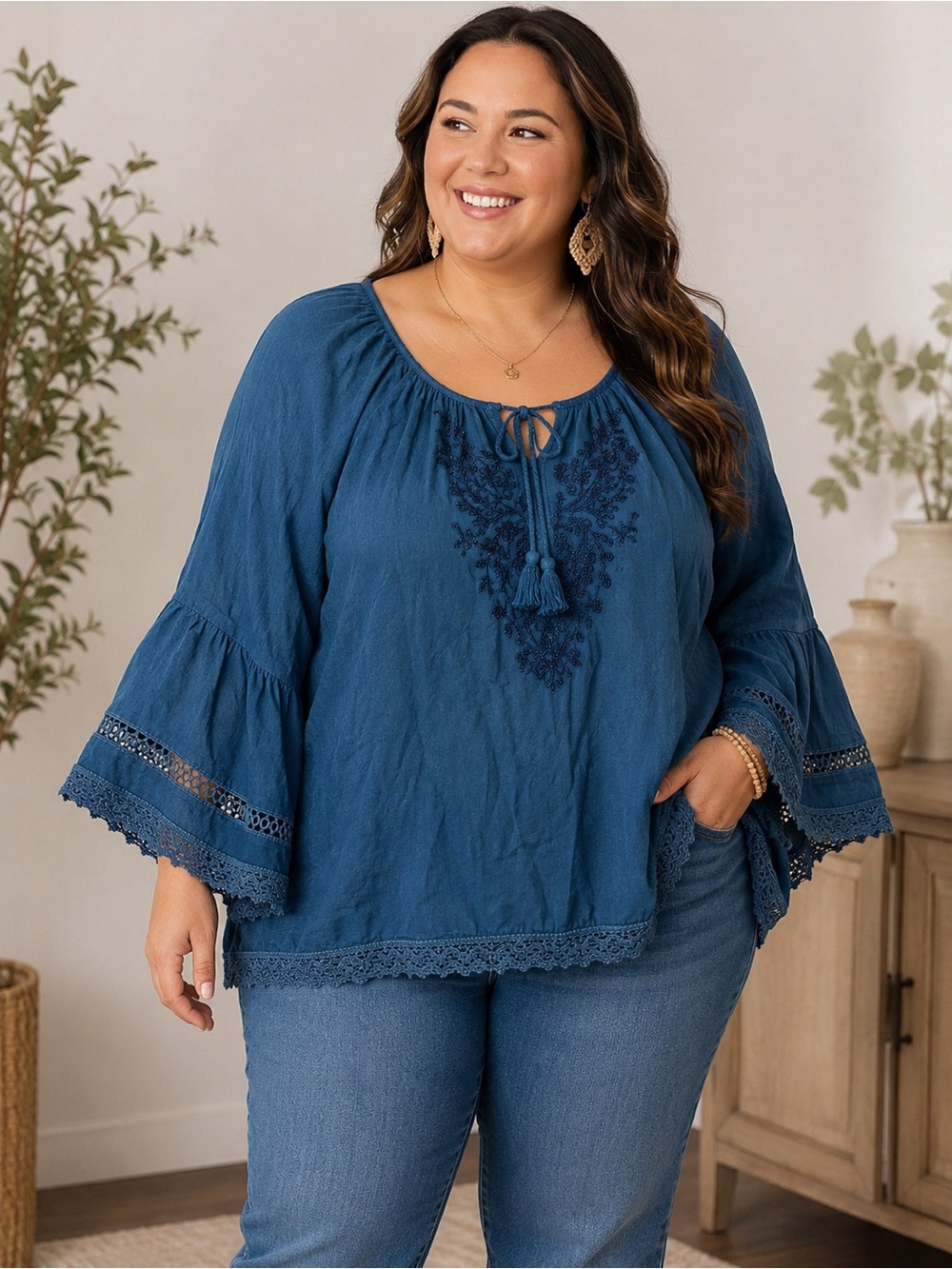 Plus Size Studio West Blue Embroidered Peasant Blouse with tassels